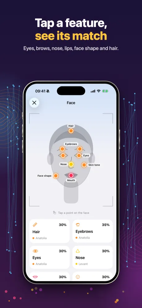 Face detail: tap a feature to see its match