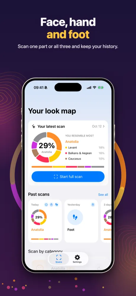 Home: latest scan, past scans and scan by category